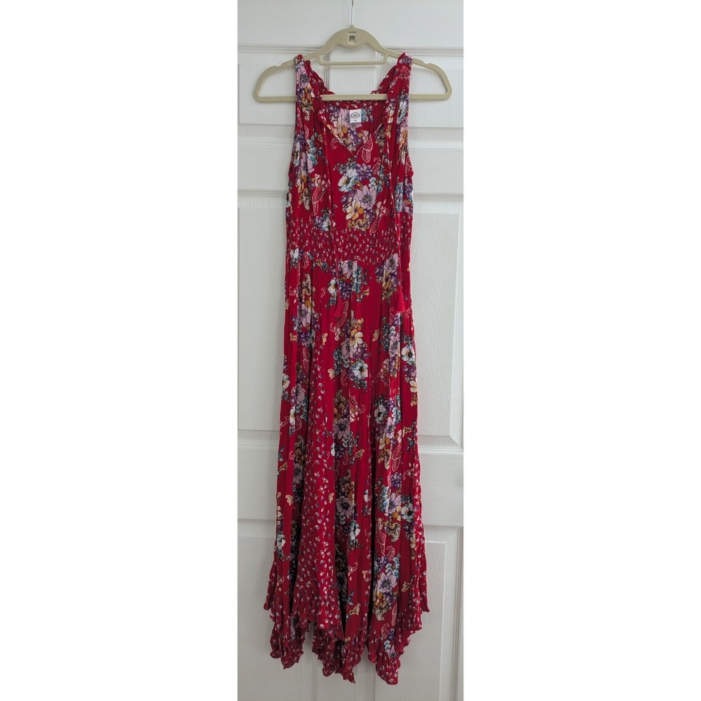 Bila Red Floral Paisley Sleeveless V Neck Boho Indian Long Maxi Dress MED